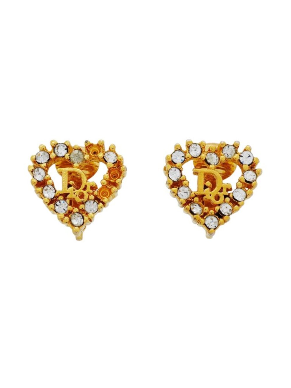Dior Earrings Logo Heart Motif Gold Plated Rhinestone